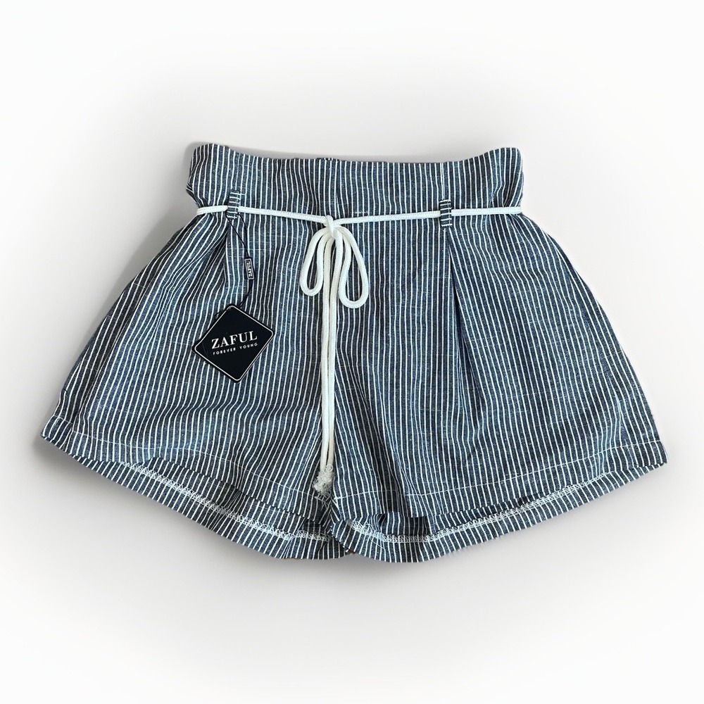 NWT Zaful Women's Small Shorts Gray Stripe Cotton Blend White Rope Tie Belt NEW